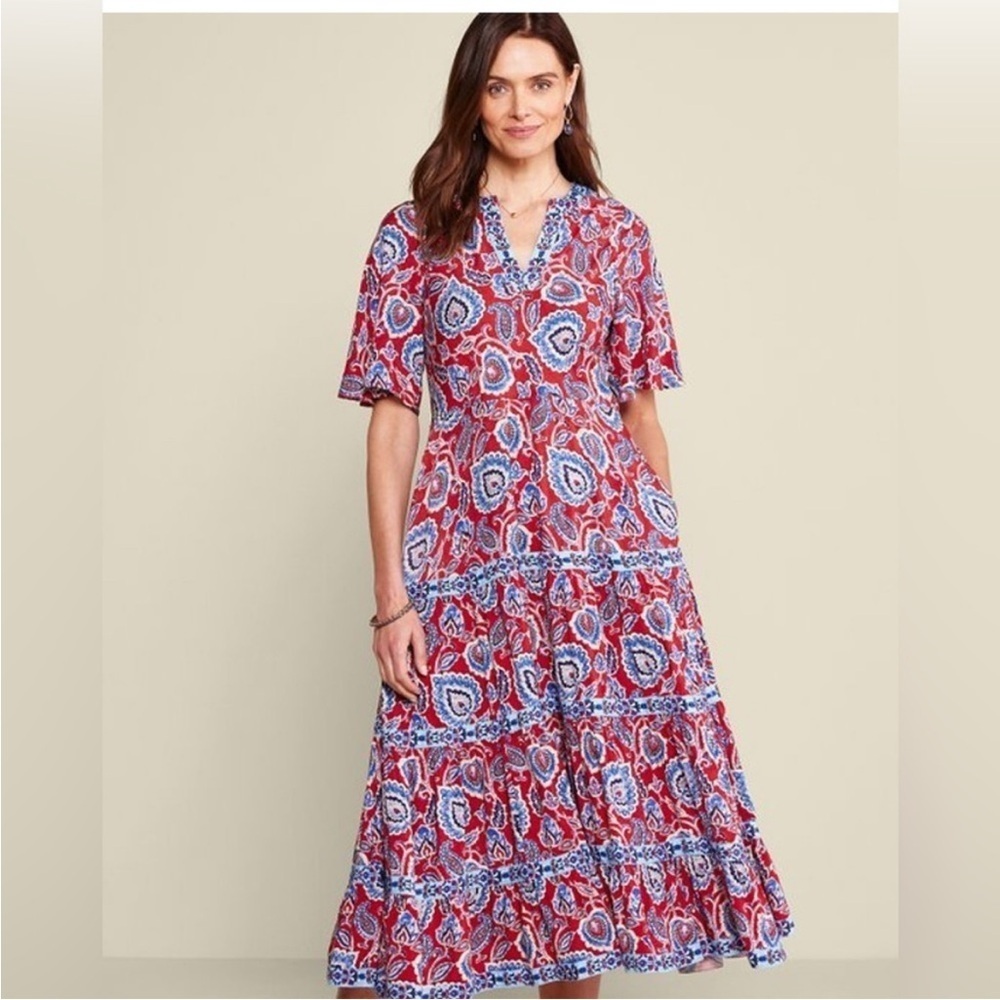 Soft Surroundings Lilith Midi Dress Red Blue Floral Size Petite Small